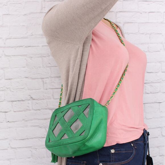 Chanel Vintage PVC Shoulder Bag Green Lambskin Leather Purse A2999 - Picture 3 of 9